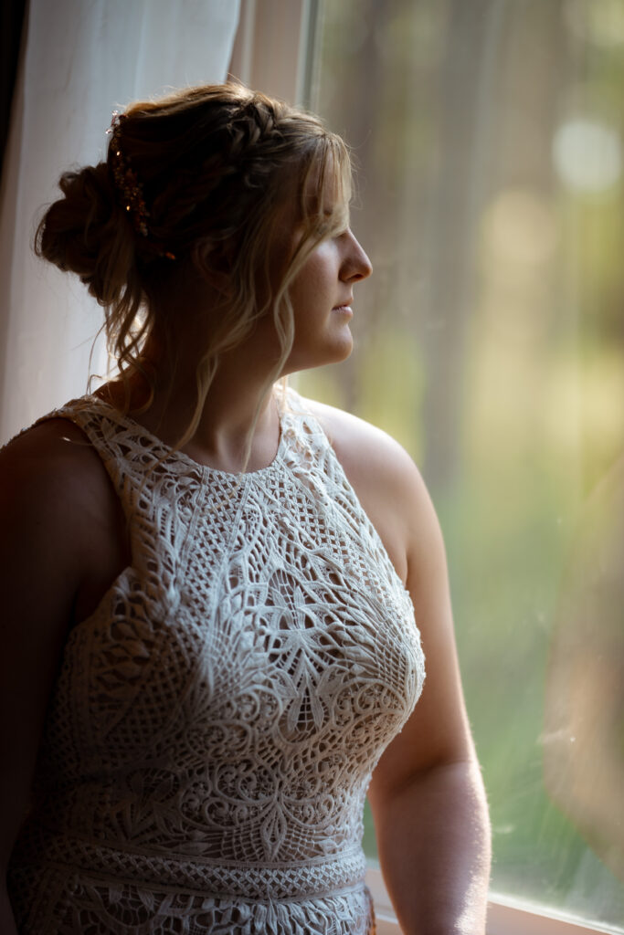 warm glow bridal portrait of an elopement bride.