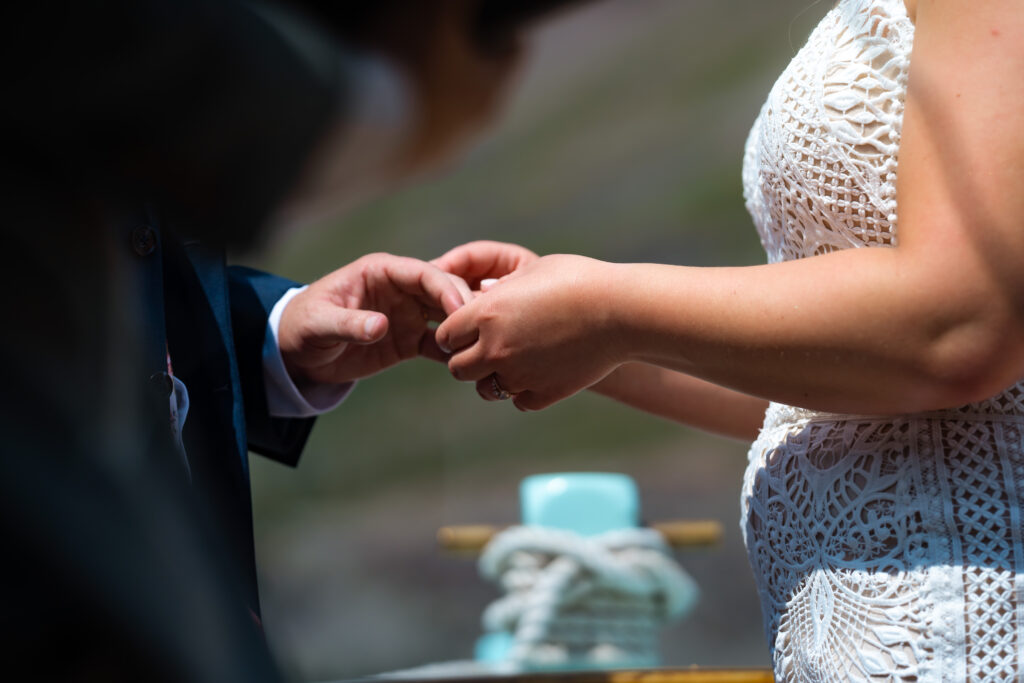 Bride and groom exchanging rings.