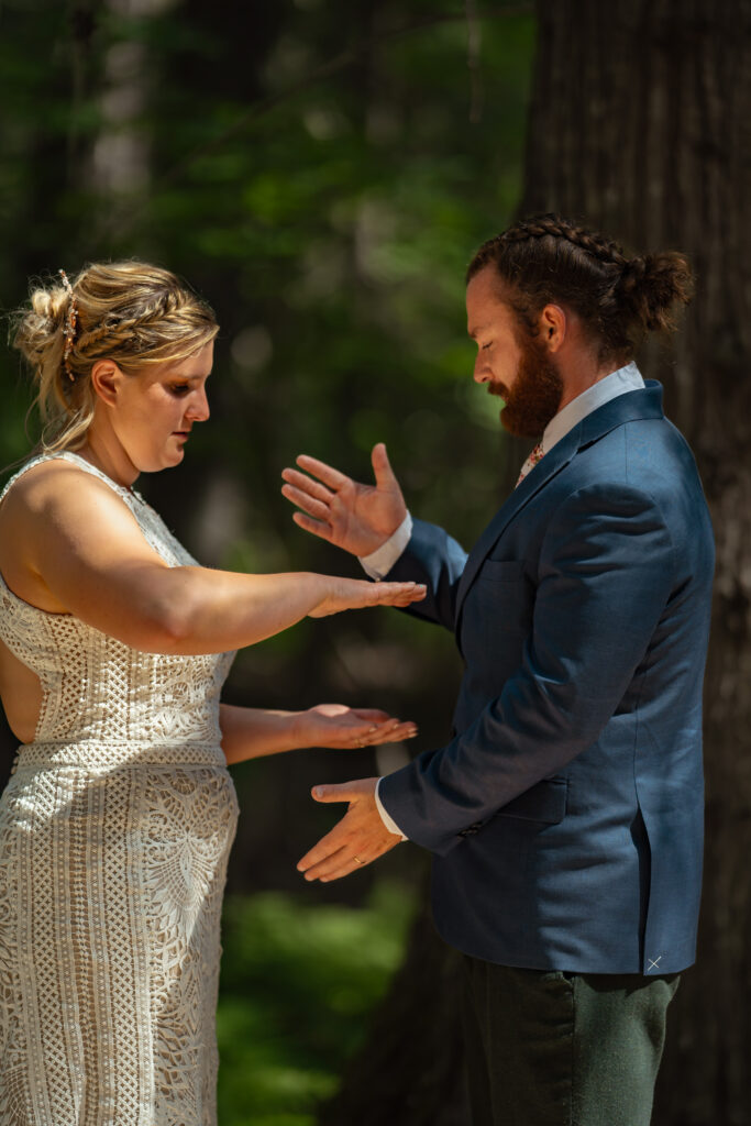 bride and groom playing in trail of cedars