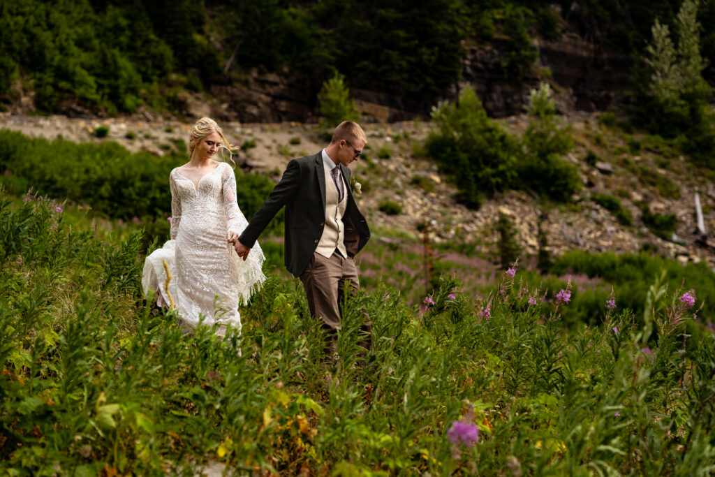 Paradise Meadows in GNP. Hiking bride and groom.